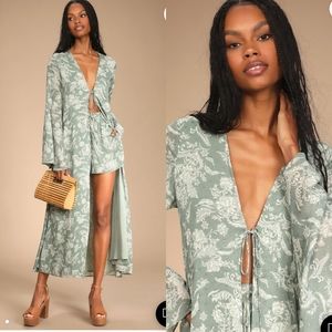 Primavera Sage Green Floral Tie-Front Bell Sleeve Duster- Lulus